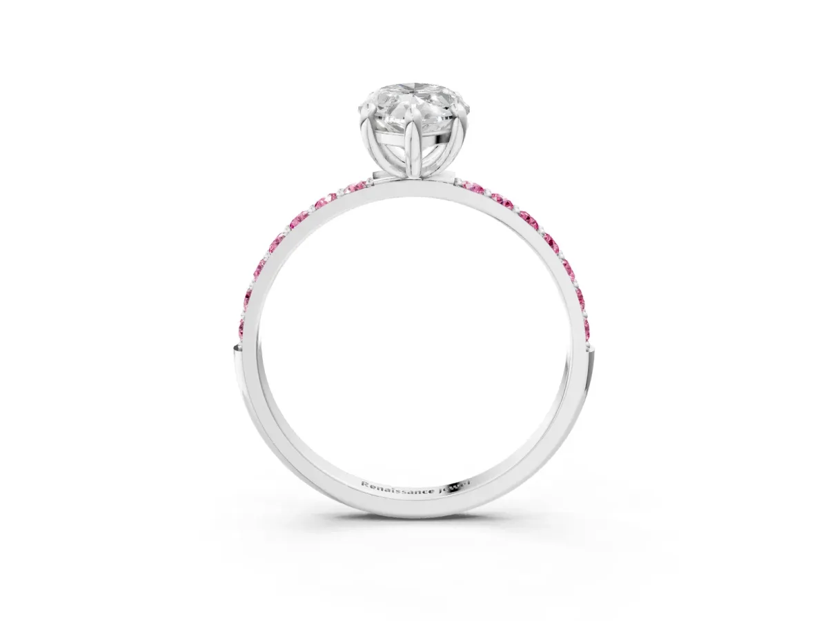 Marquise Cut Diamond Solitaire Ring with Round Pink Sapphire Pavé Band and Prong Setting White gold