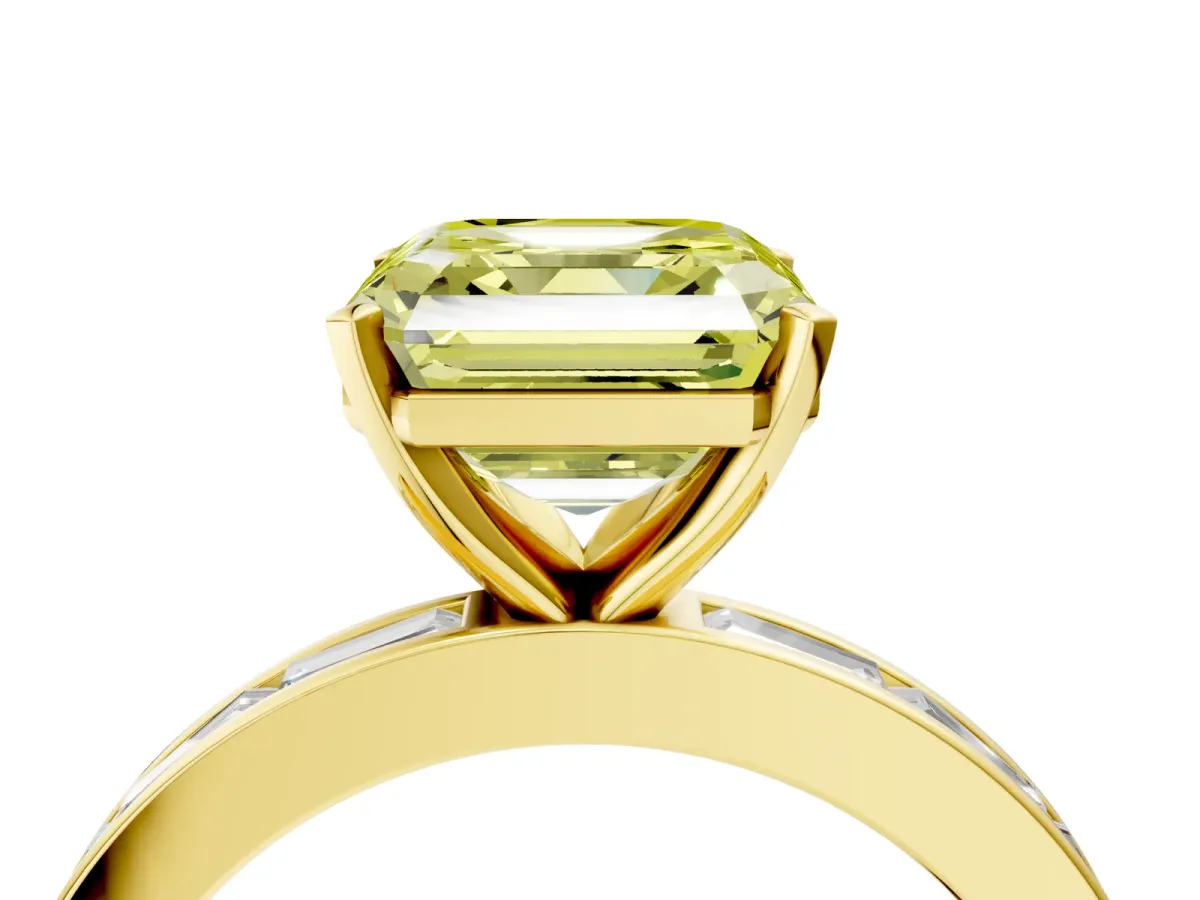 Fancy Yellow Asscher Cut Solitaire Diamond Ring with Channel-Set Baguette Band and Four-Prong Setting Yellow gold