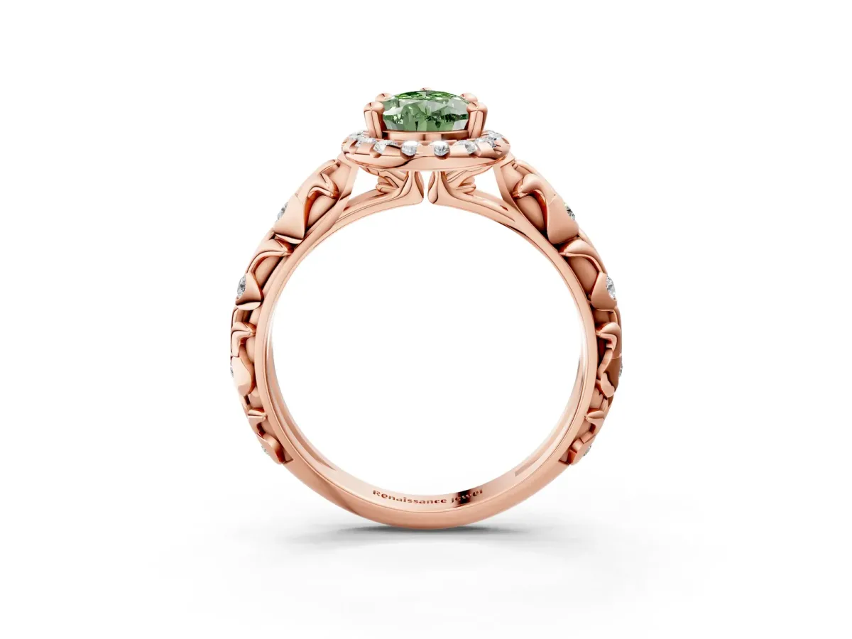 Fancy Green Pear Cut Diamond Halo Ring with Filigree Band and Prong Setting Rose gold