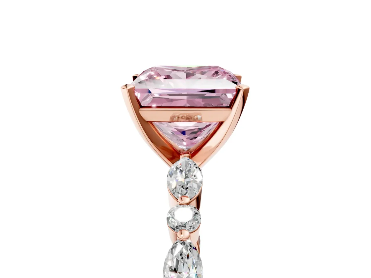 Fancy Pink Princess Cut Diamond Ring with Marquise and Round Side Stones and Four-Prong Setting Rose gold