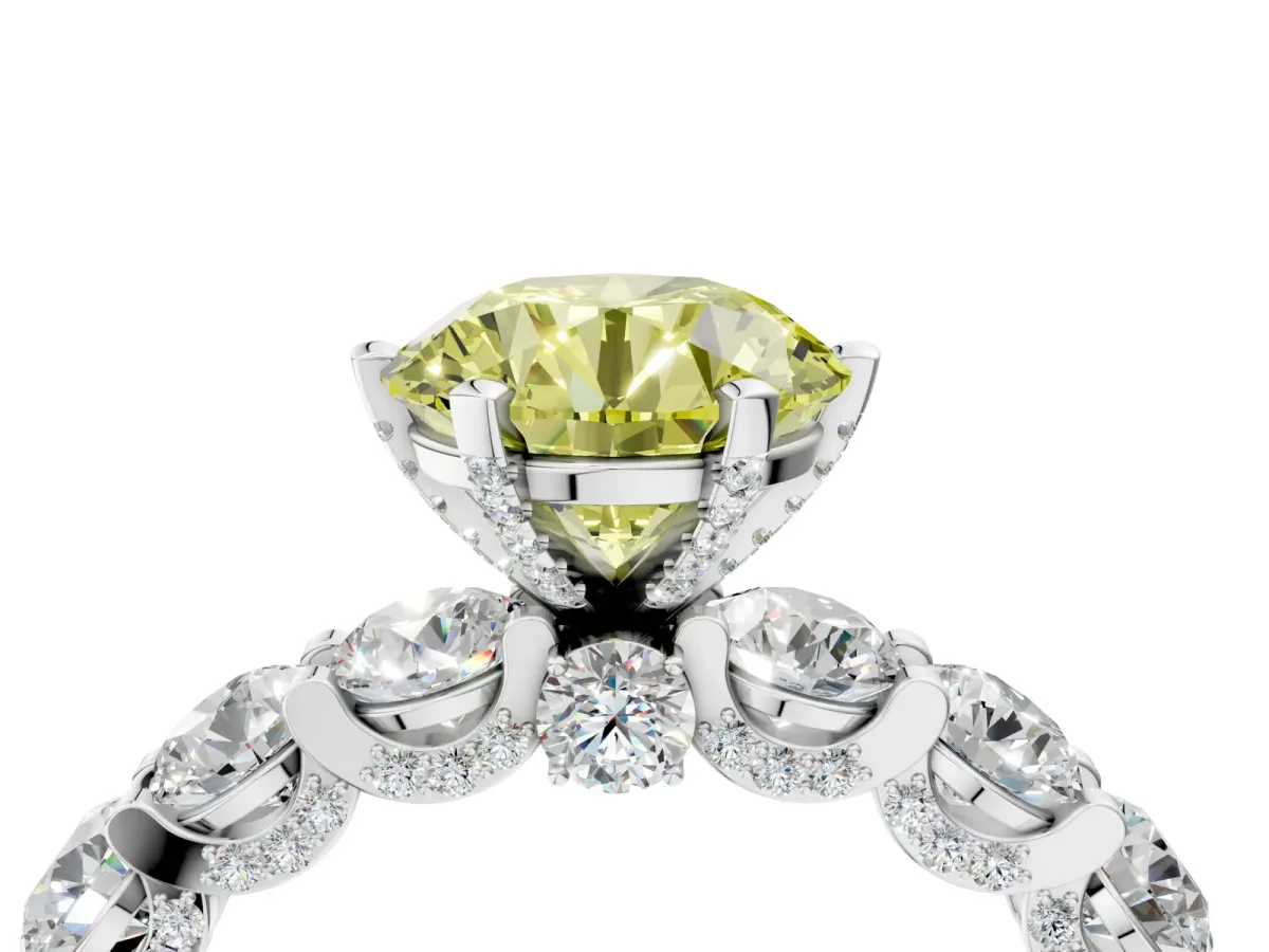 Fancy Yellow Round Cut Diamond Side Stone Engagement Ring with Four-Prong Setting Silver