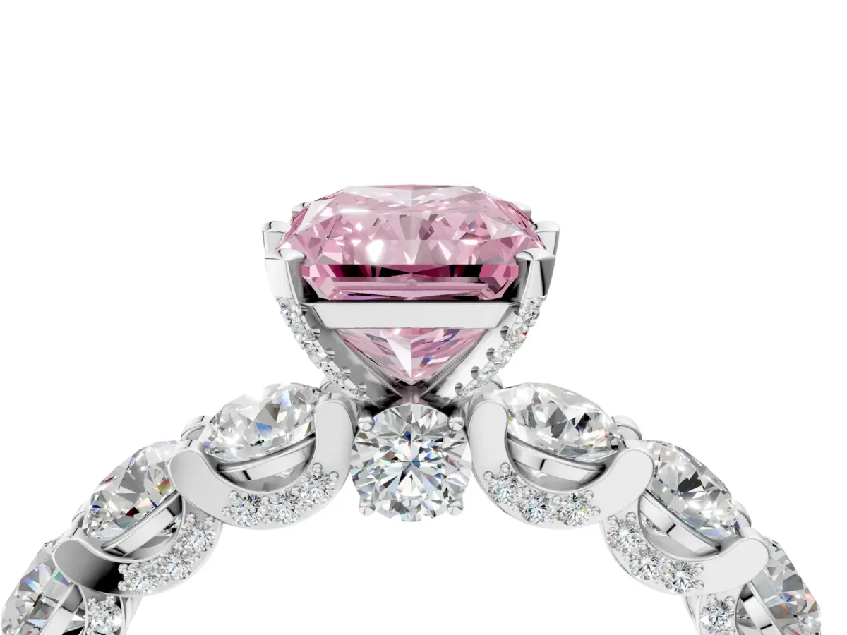 Fancy Pink Radiant Cut Diamond Side Stone Engagement Ring with Four-Prong Setting White gold