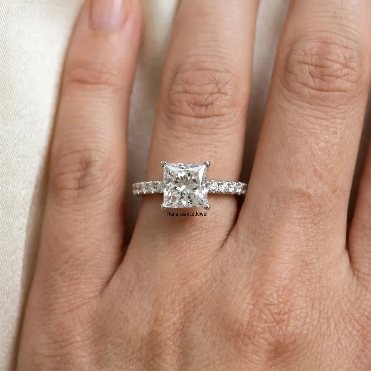 Princess Cut Diamond Solitaire Pavé Band with Four-Prong Setting Platinum