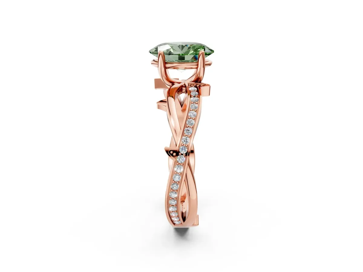 Fancy Green Oval Cut Solitaire Twist Band with Pavé Accents and Four-Prong Setting Rose gold