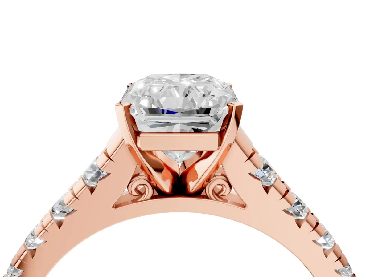 Radiant Cut Diamond Cathedral Solitaire Ring with Round Moissanite Pavé Band Rose gold