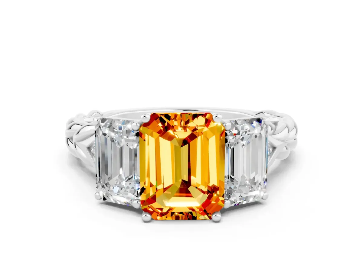 Three-Stone Emerald Cut Citrine Braided Band Ring with Four-Prong Setting Silver