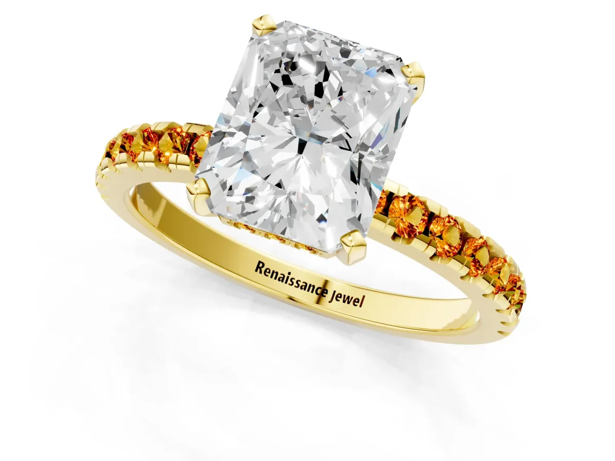 Radiant Cut Diamond Solitaire Ring with Round Citrine Pavé Band and Four-Prong Setting Yellow gold