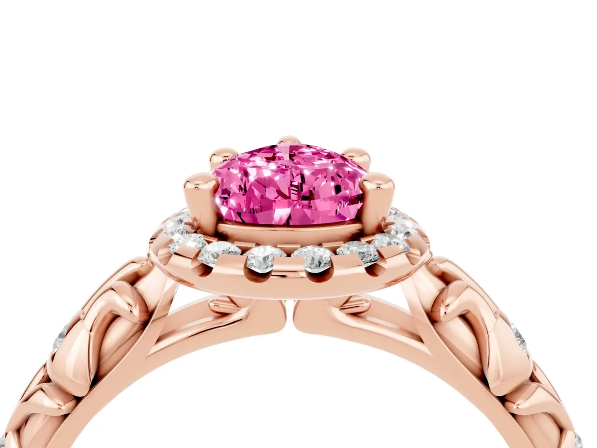 Pear Cut Pink Sapphire Halo Ring with Filigree Band and Prong Setting Rose gold