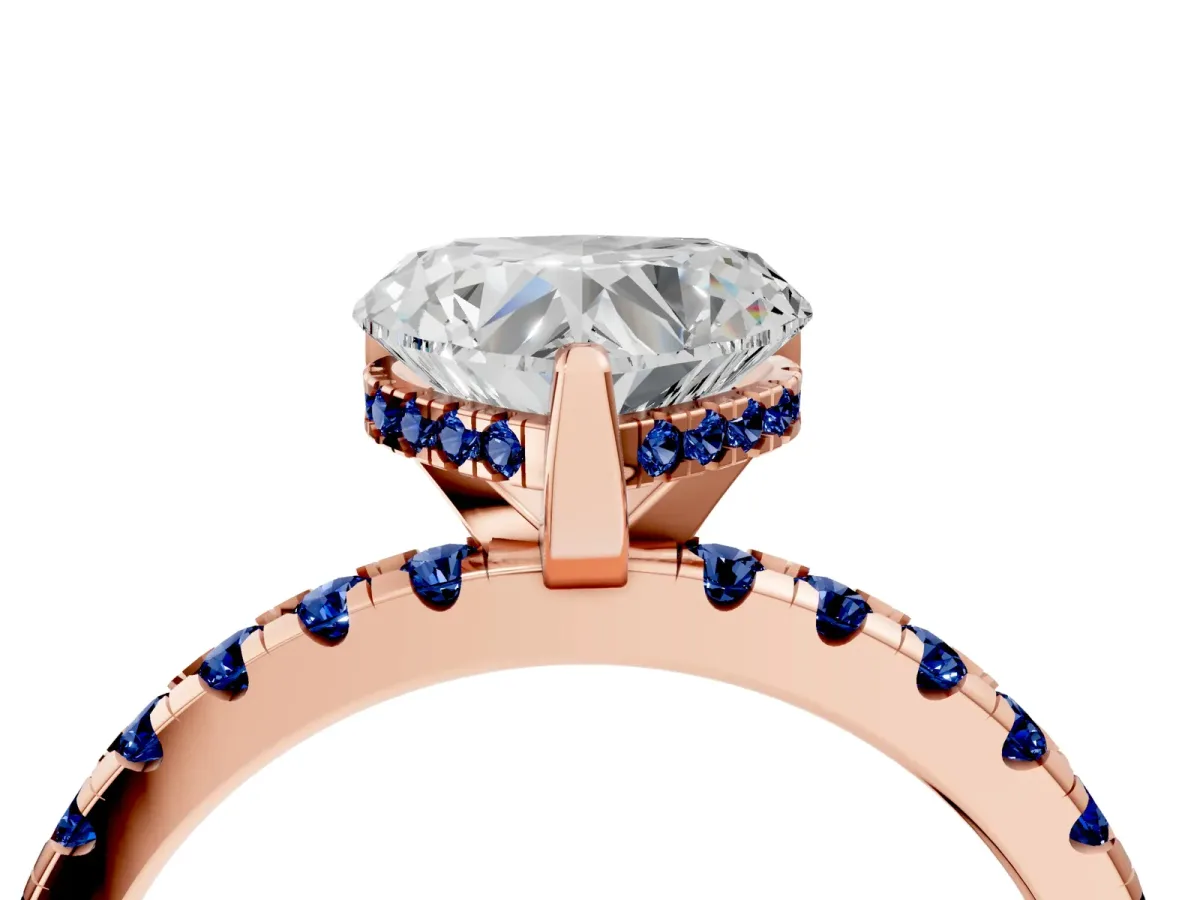 Heart Cut Diamond Solitaire Ring with Round Blue Sapphire Pavé Band and Four-Prong Setting Rose gold