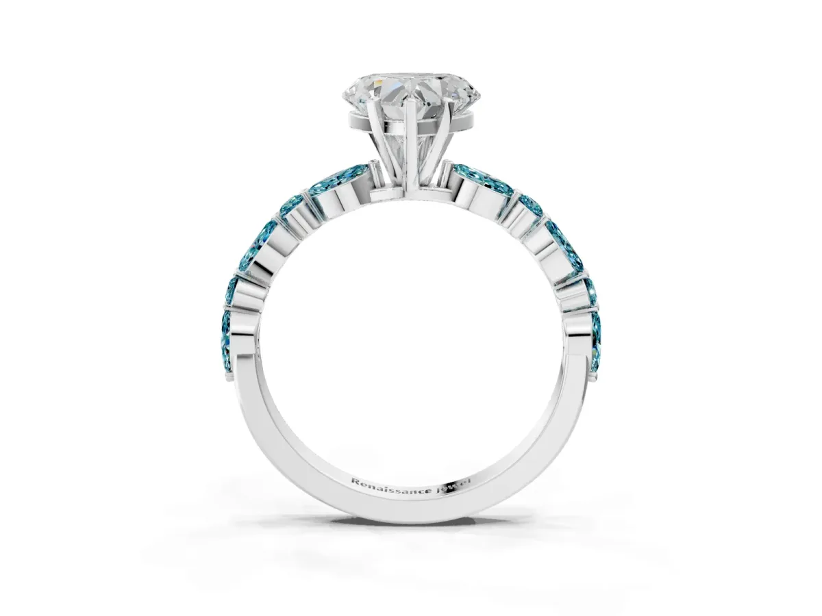 Heart Cut Diamond Ring with Marquise and Round Blue Topaz Side Stones and Four-Prong Setting White gold