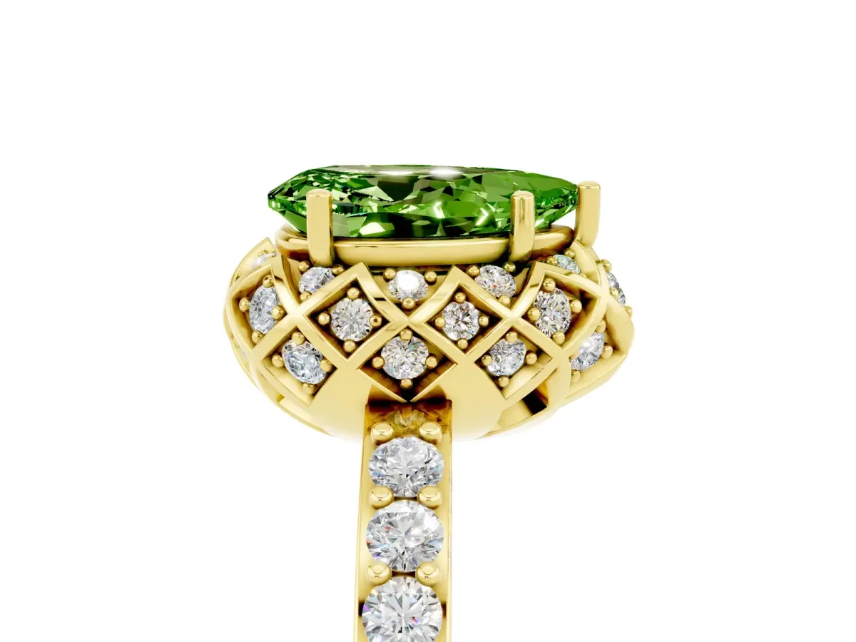 Pear Cut Peridot Scalloped Halo Engagement Ring with Round Shared Prong Band Yellow gold