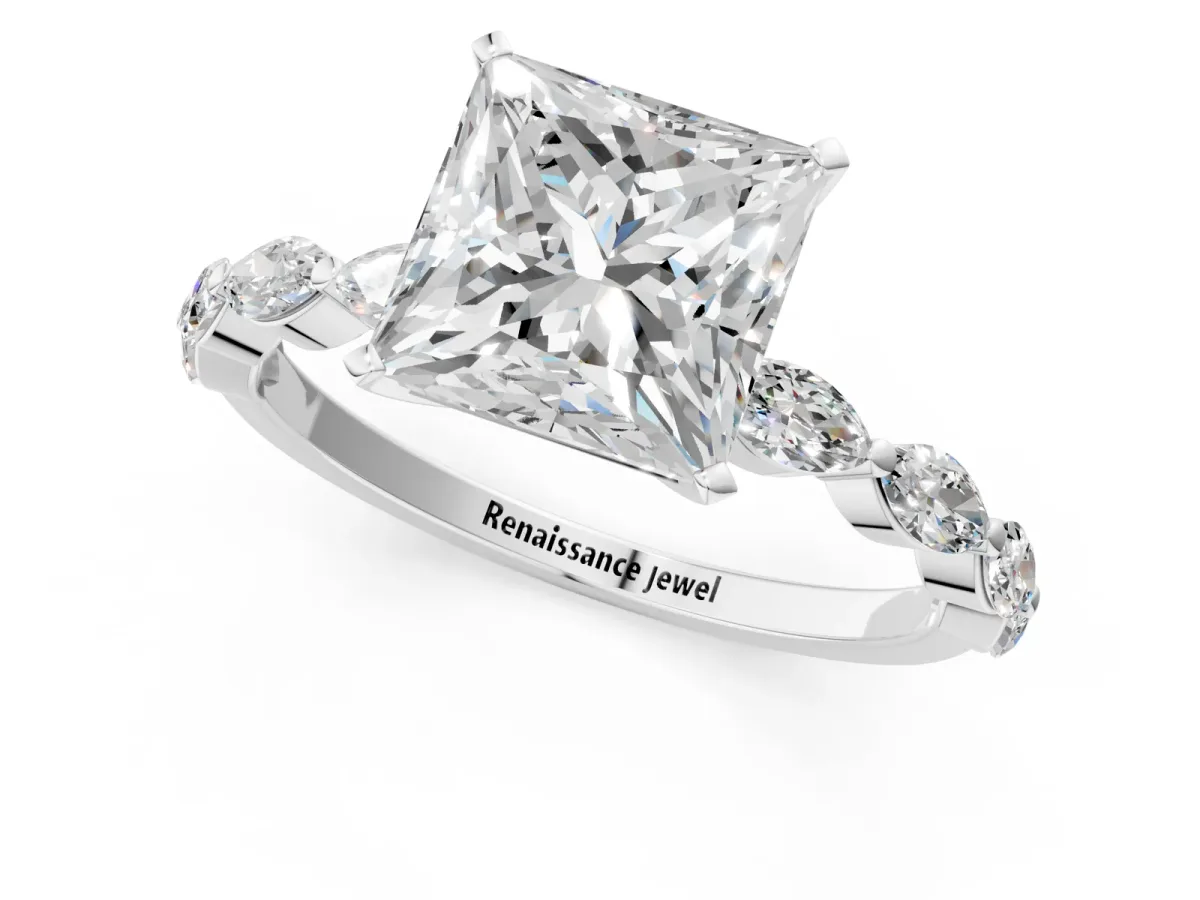 Princess Cut Diamond Ring with Marquise Side Stones and Prong Setting Platinum