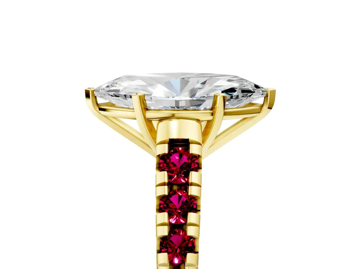 Marquise Cut Diamond Cathedral Solitaire Ring with Round Garnet Pavé Band Yellow gold