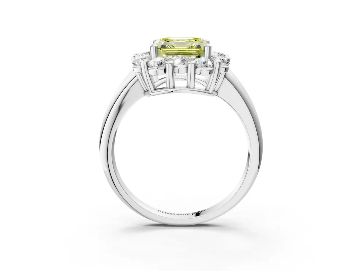 Fancy Yellow Asscher Cut Halo Cluster Diamond Engagement Ring with Prong Setting and Polished Band Platinum