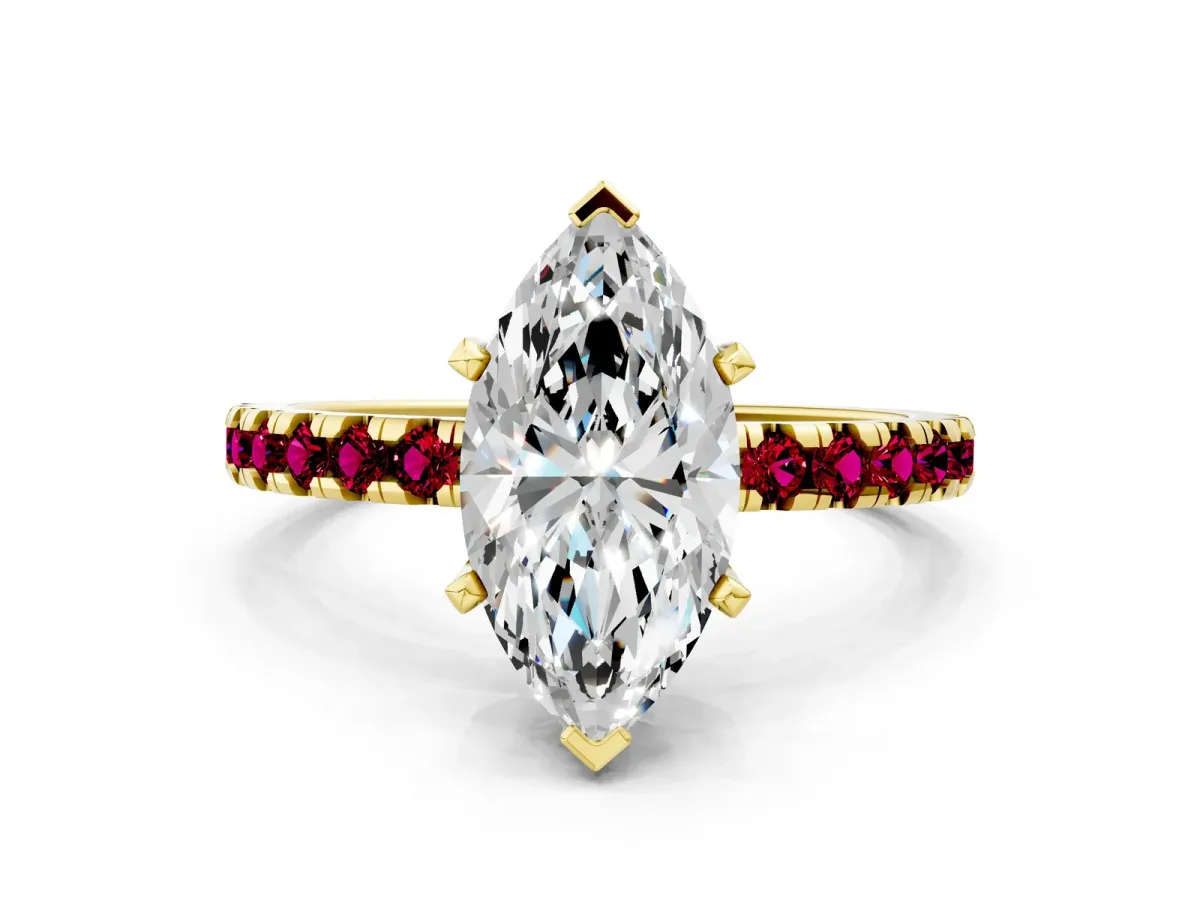 Marquise Cut Diamond Solitaire Ring with Round Garnet Pavé Band and Four-Prong Setting Yellow gold