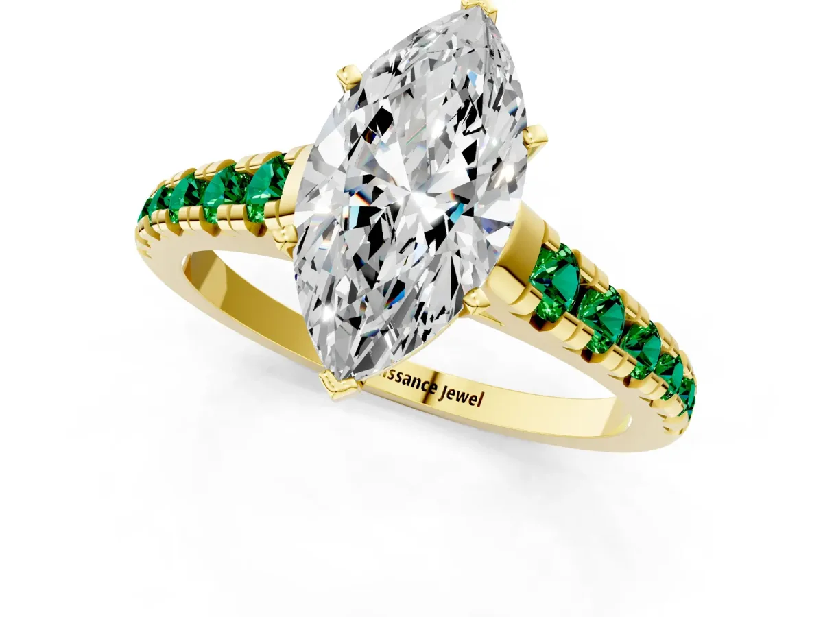 Marquise Cut Diamond Cathedral Solitaire Ring with Round Emerald Pavé Band Yellow gold