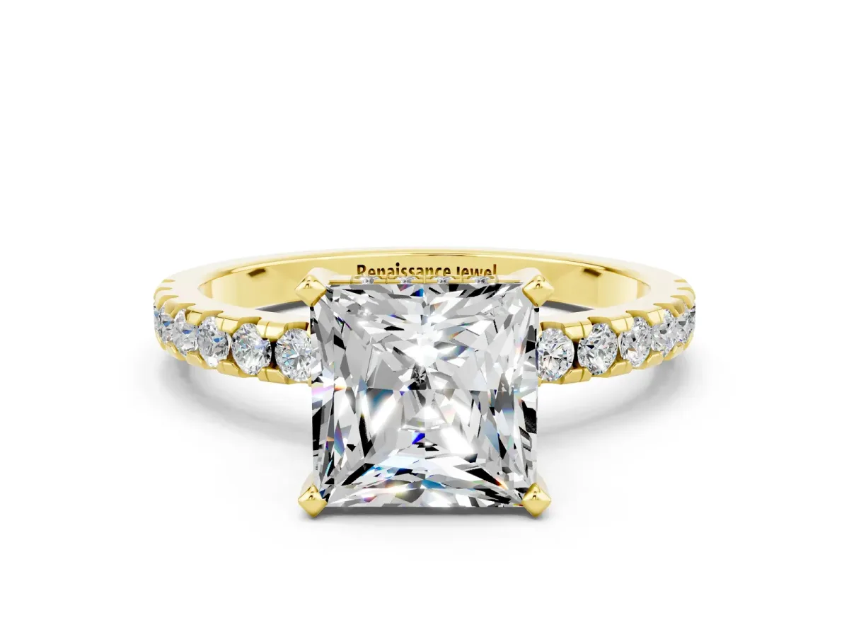 Princess Cut Moissanite Solitaire Ring with Round Pavé Band and Four-Prong Setting Yellow gold