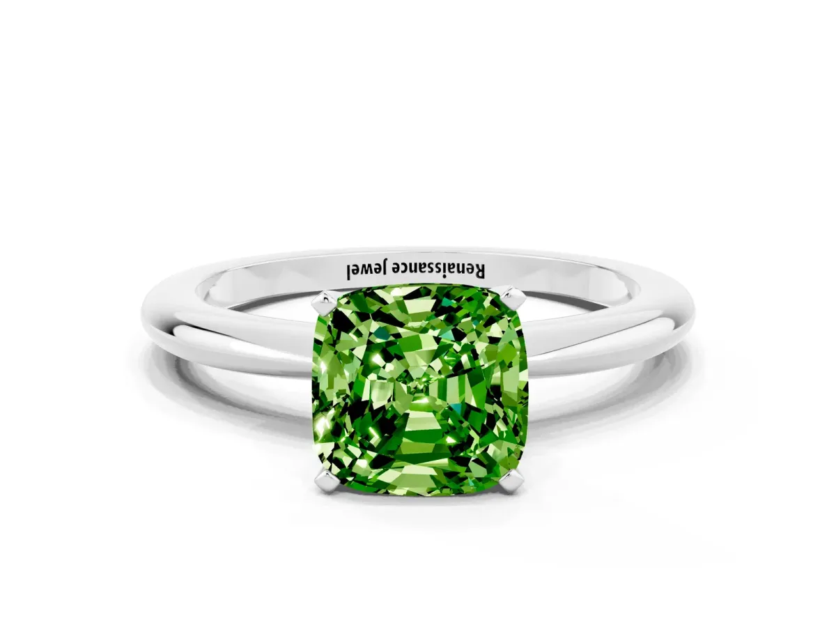 Cushion Cut Peridot Solitaire Ring with Six-Prong Setting and Classic Band Silver