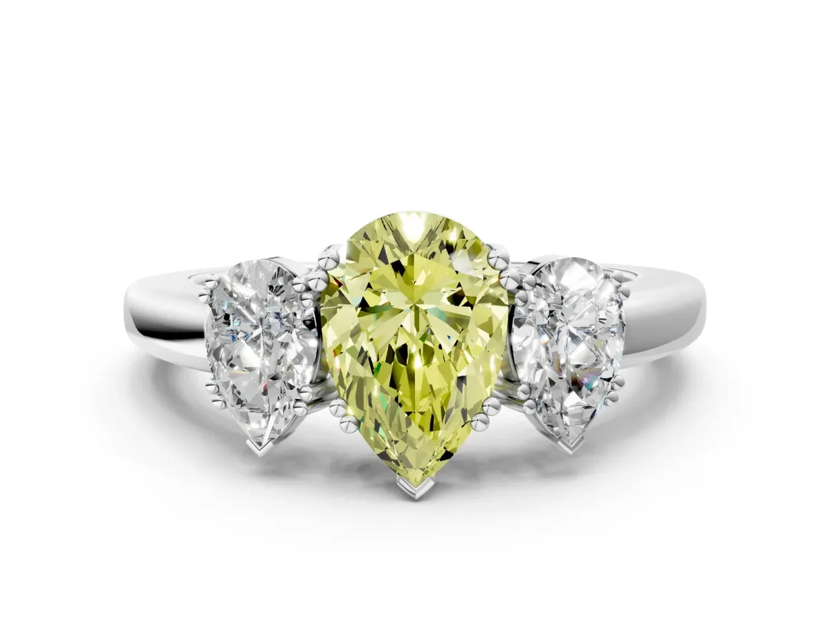 Fancy Yellow Three-Stone Pear Cut Cut Diamond Ring with Channel Set Band and Four-Prong Setting Silver