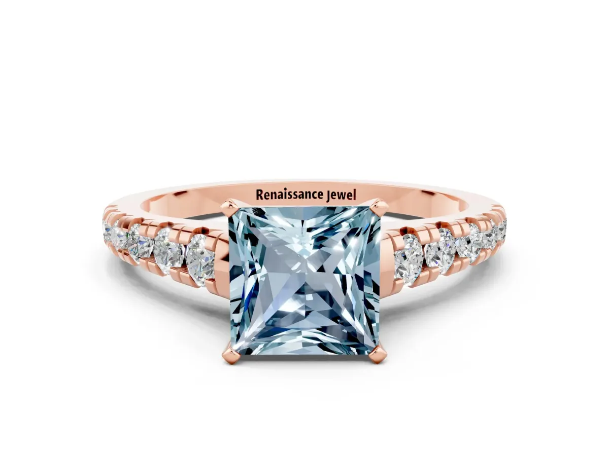 Princess Cut Aquamarine Cathedral Solitaire Ring with Round Pavé Band Rose gold