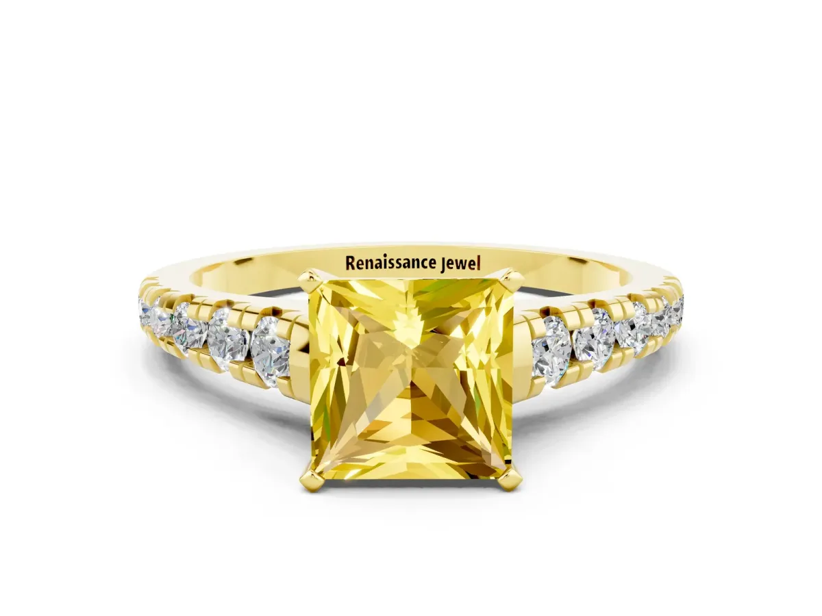Princess Cut Yellow Sapphire Cathedral Solitaire Ring with Round Pavé Band Yellow gold