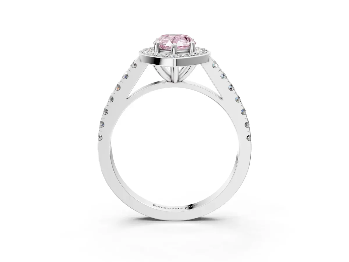 Fancy Pink Pear Cut Diamond Halo Ring with Round Pavé Split Shank and Prong Setting Platinum