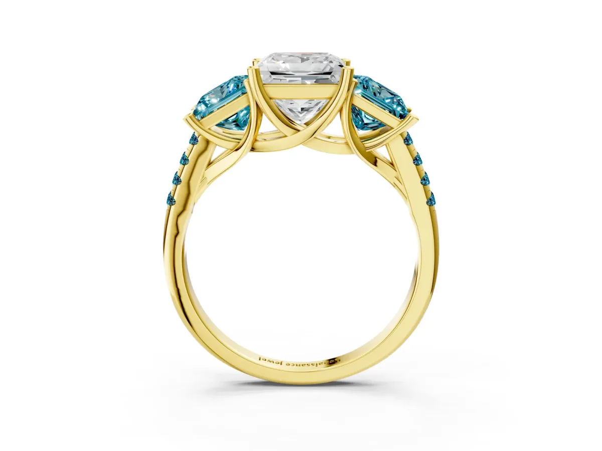 Three-Stone Princess Cut Diamond Ring with Round Blue Topaz Pavé Band and Prong Setting Yellow gold
