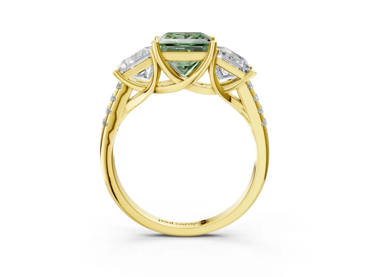 Fancy Green Three-Stone Princess Cut Diamond Ring with Round Pavé Band and Prong Setting Yellow gold