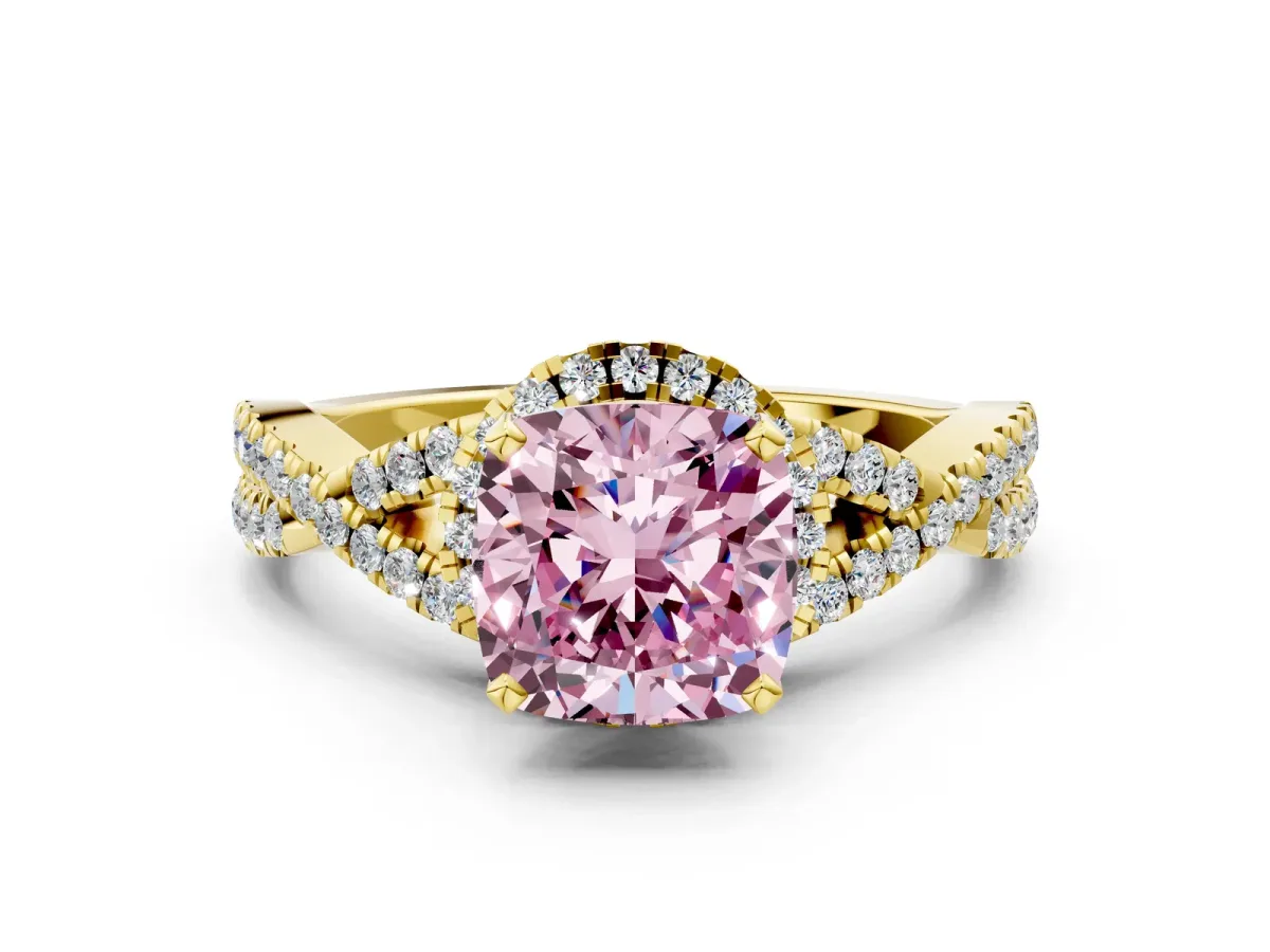 Fancy Pink Cushion Cut Diamond Halo Twist Band Solitaire Prong Setting Ring Yellow gold
