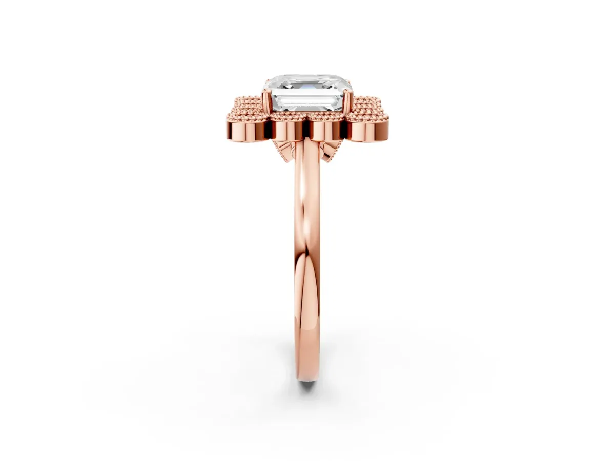 Asscher Cut Halo Diamond Cluster Engagement Ring with Milgrain Bezel Setting and Solitaire Band Rose gold