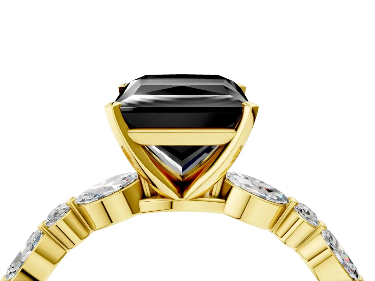 Fancy Black Princess Cut Diamond Ring with Marquise and Round Side Stones and Four-Prong Setting Yellow gold