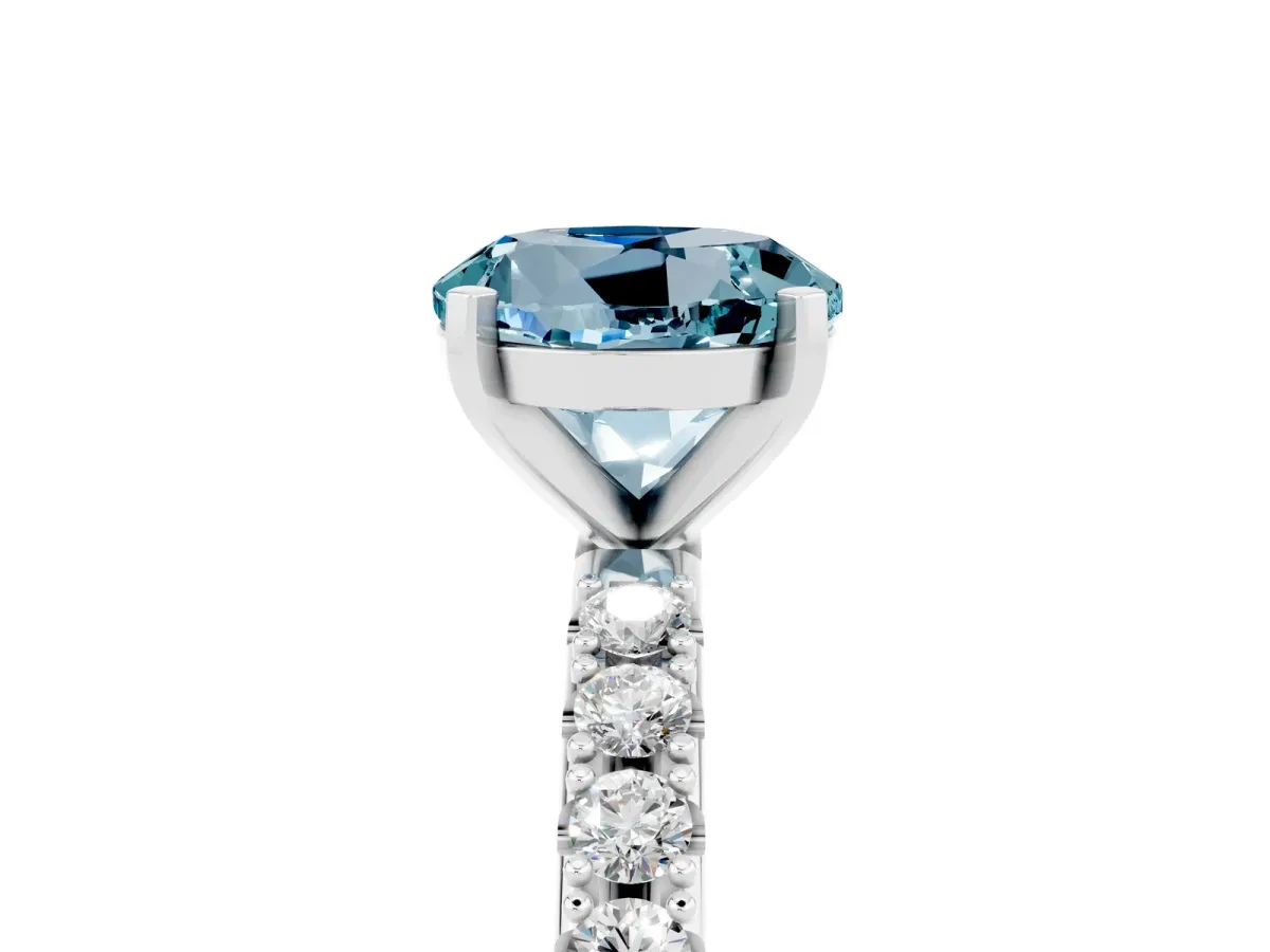 Round Cut Aquamarine Solitaire Pavé Band with Four-Prong Setting Platinum