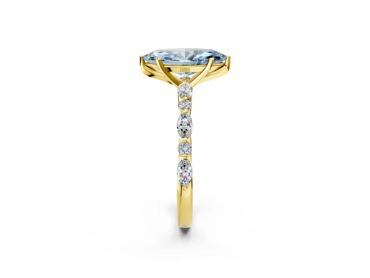 Fancy Blue Marquise Cut Diamond Ring with Marquise and Round Side Stones and Four-Prong Setting Yellow gold