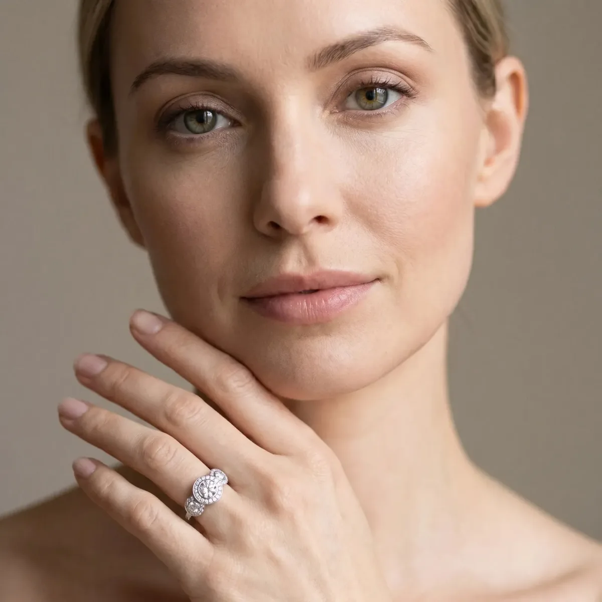 Three-Stone Asscher Cut Halo Pavé Diamond Ring Platinum