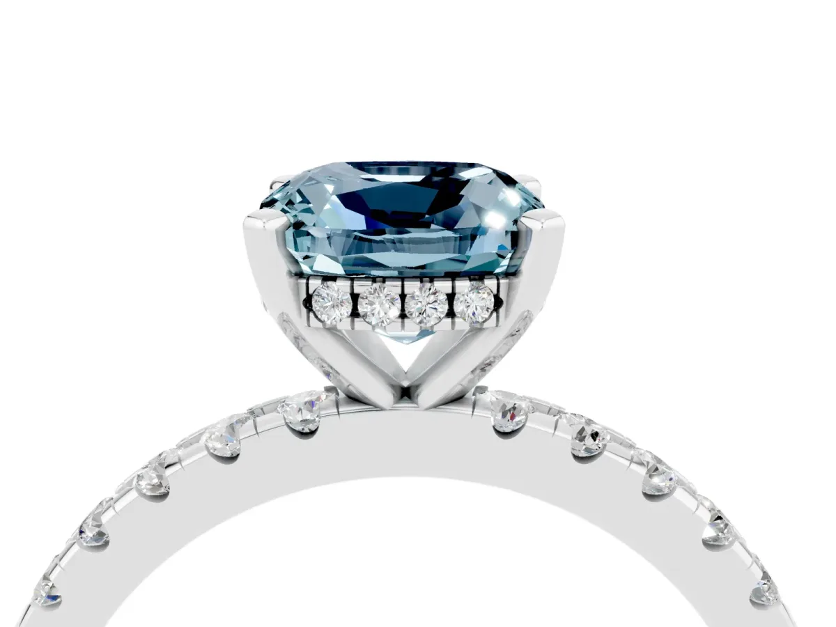 Cushion Cut Aquamarine Solitaire Ring with Round Pavé Band and Four-Prong Setting White gold