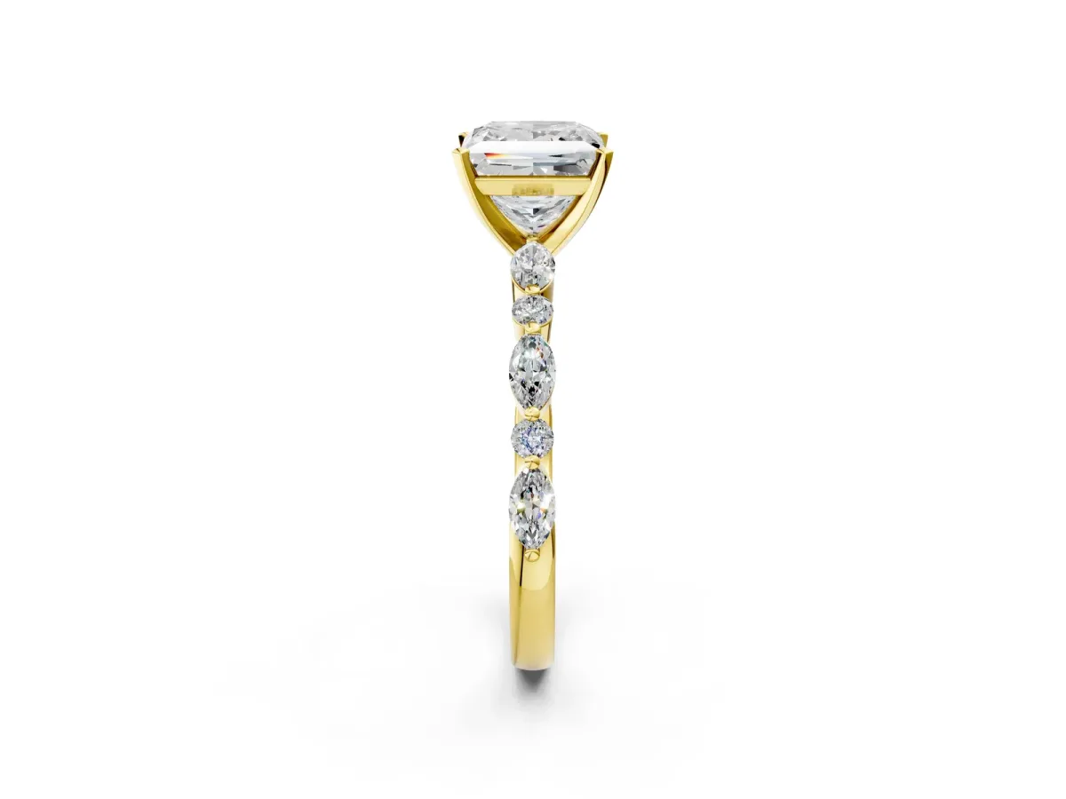 Princess Cut Diamond Ring with Marquise and Round Side Stones and Four-Prong Setting Yellow gold