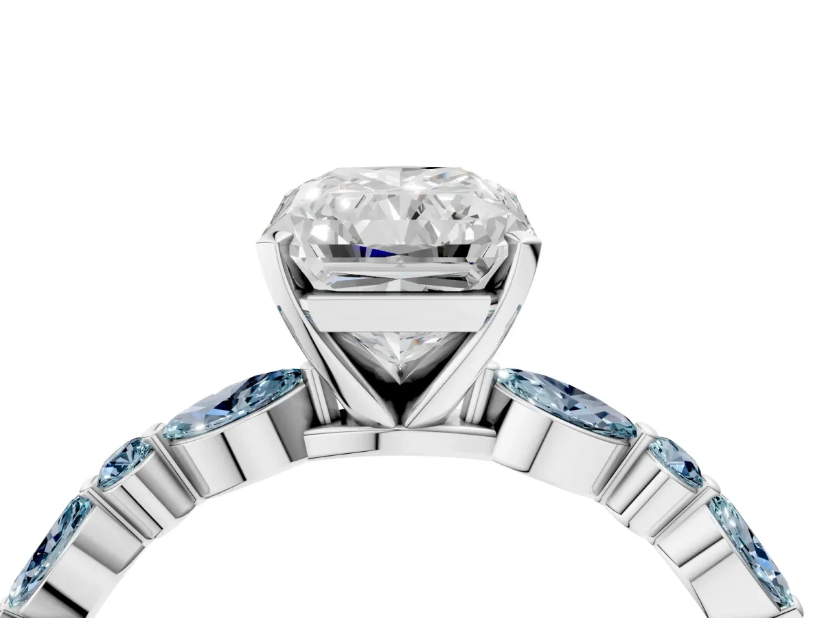 Radiant Cut Diamond Ring with Marquise and Round Aquamarine Side Stones and Four-Prong Setting Platinum