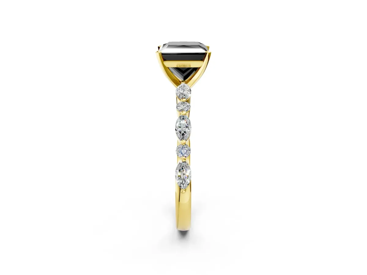 Fancy Black Princess Cut Diamond Ring with Marquise and Round Side Stones and Four-Prong Setting Yellow gold