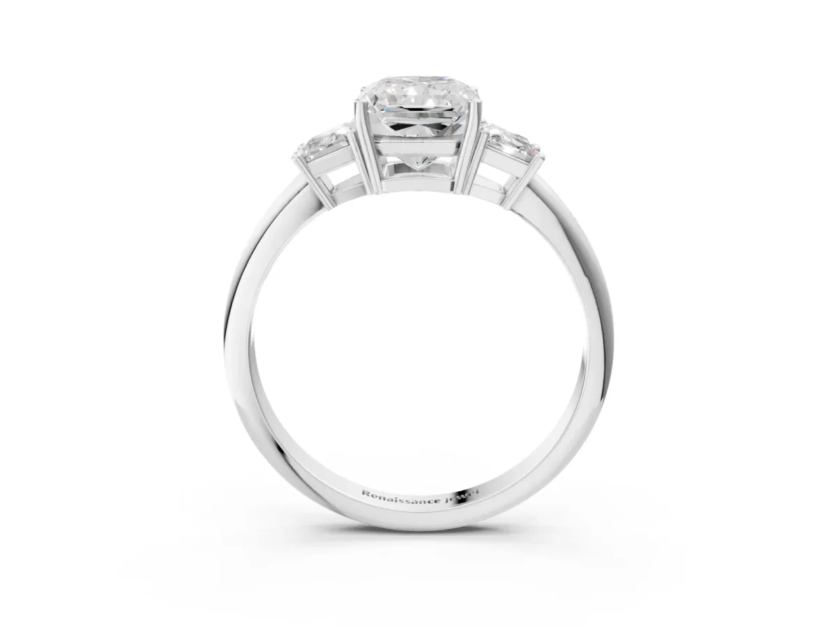 Radiant Cut Diamond Three-Stone Ring with Trapezoid Side Stones and Prong Setting Platinum