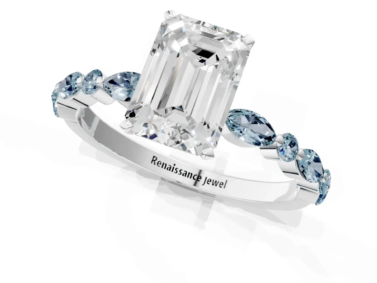 Emerald Cut Diamond Ring with Marquise and Round Aquamarine Side Stones and Four-Prong Setting White gold