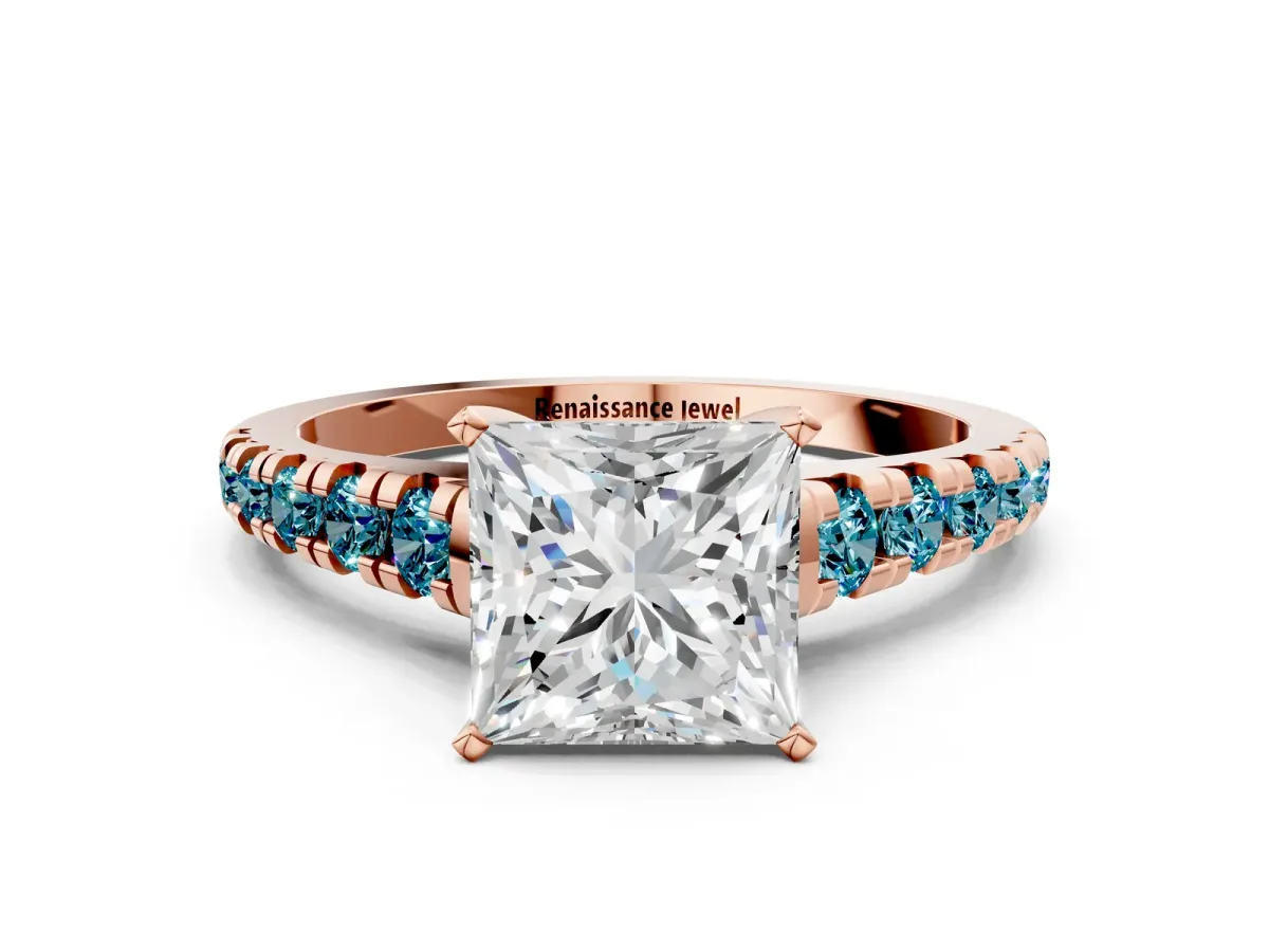 Princess Cut Diamond Cathedral Solitaire Ring with Round Blue Topaz Pavé Band Rose gold