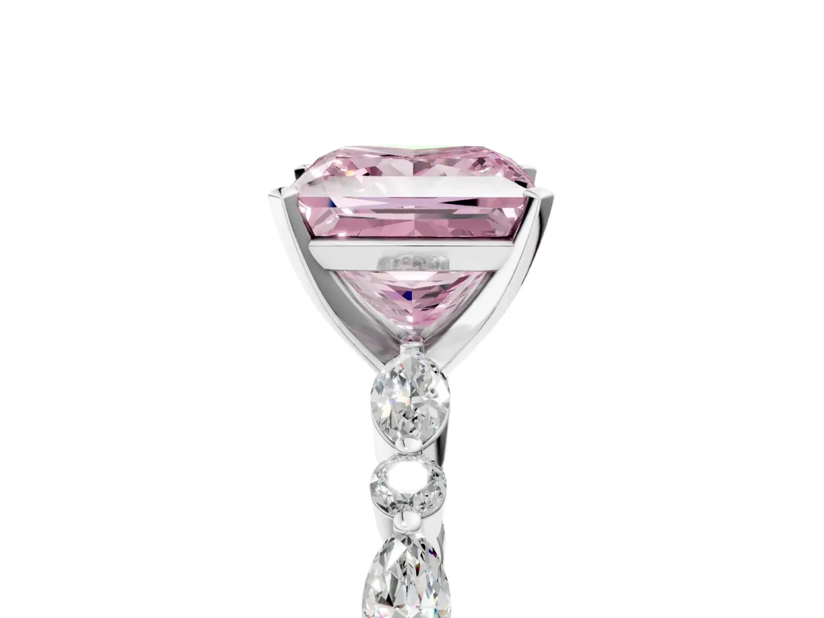 Fancy Pink Princess Cut Diamond Ring with Marquise and Round Side Stones and Four-Prong Setting White gold