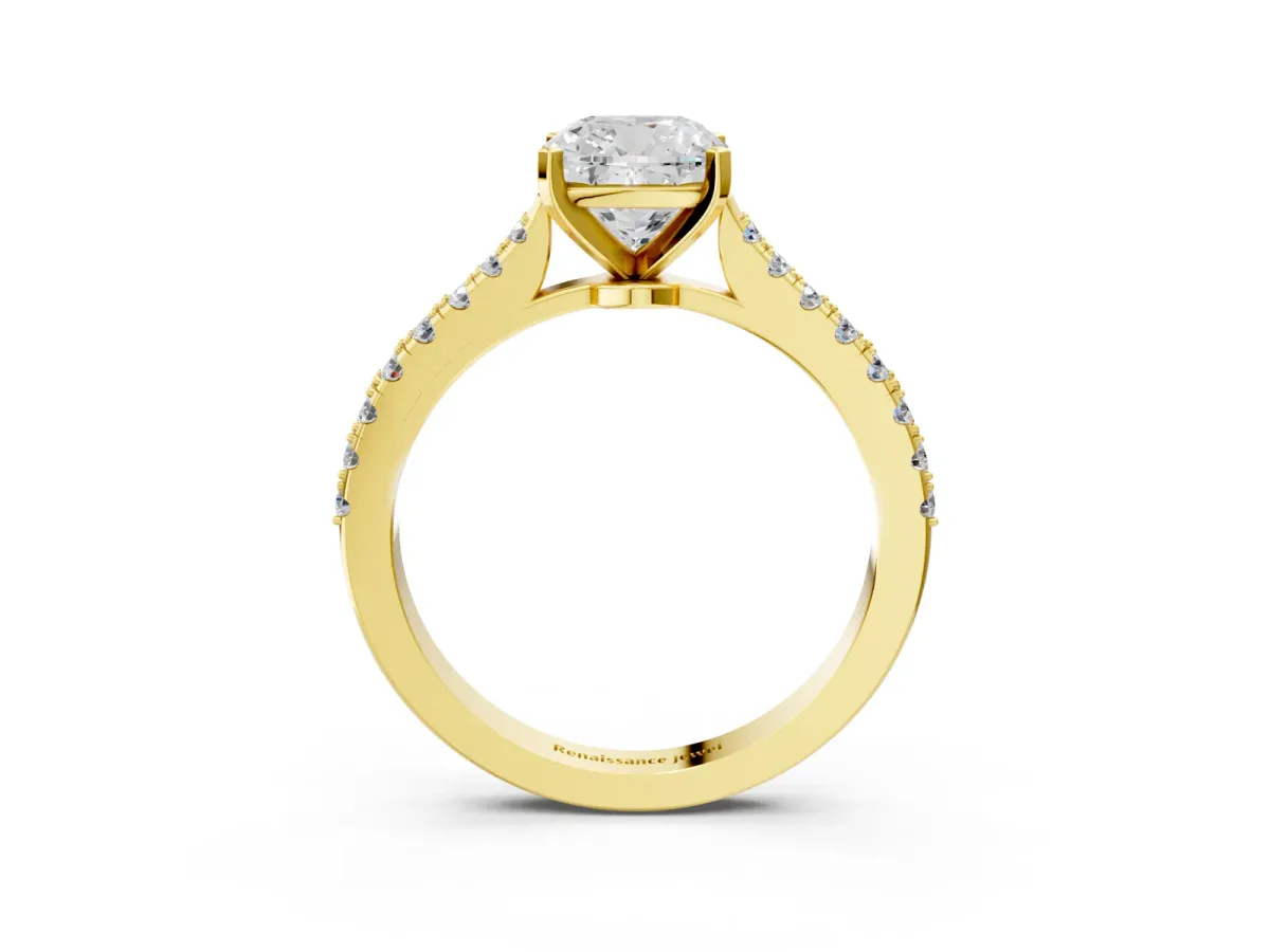 Cushion Cut Cut Solitaire Diamond Engagement Ring with Pave Band and Four-Prong Setting Yellow gold