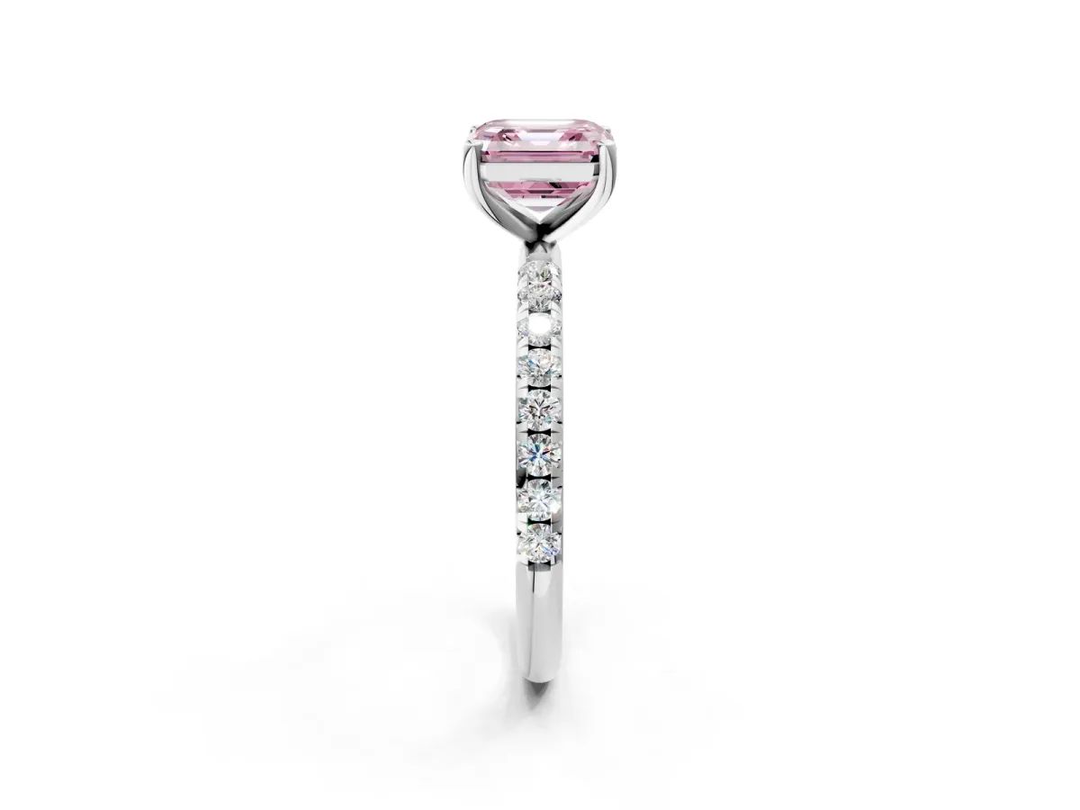 Fancy Pink Asscher Cut Cut Diamond Solitaire Ring with Micro Pave Band and Four Prong Setting Platinum