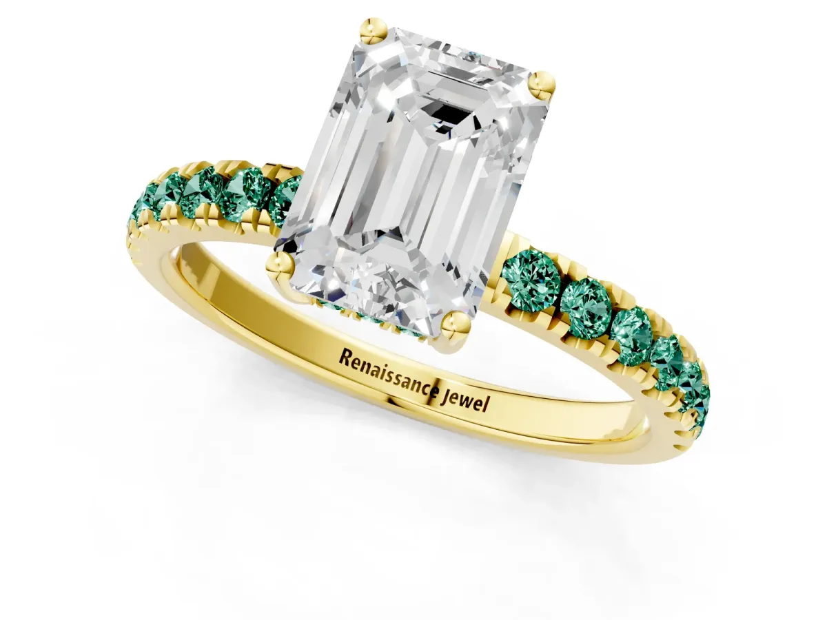 Emerald Cut Diamond Pave Band Solitaire Ring with Round Green Sapphire and Prong Setting Yellow gold