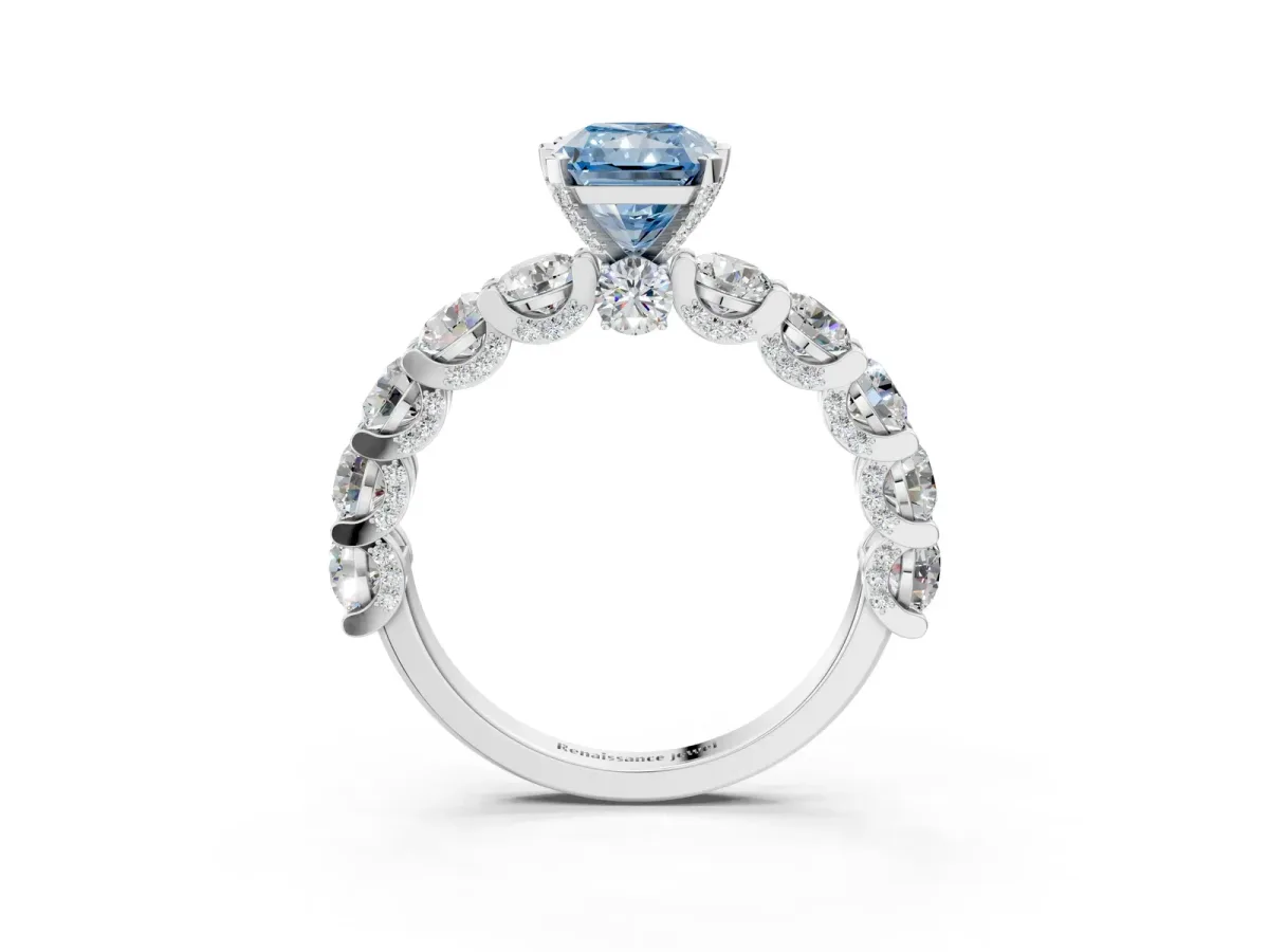 Fancy Blue Radiant Cut Diamond Side Stone Engagement Ring with Four-Prong Setting White gold