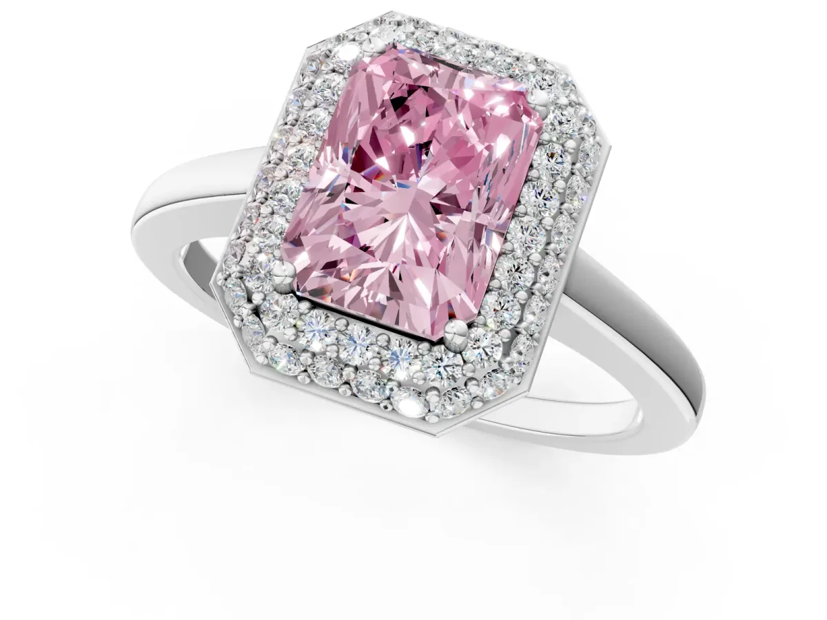 Fancy Pink Radiant Cut Halo Diamond Engagement Ring with Solitaire Band and Four-Prong Setting Platinum