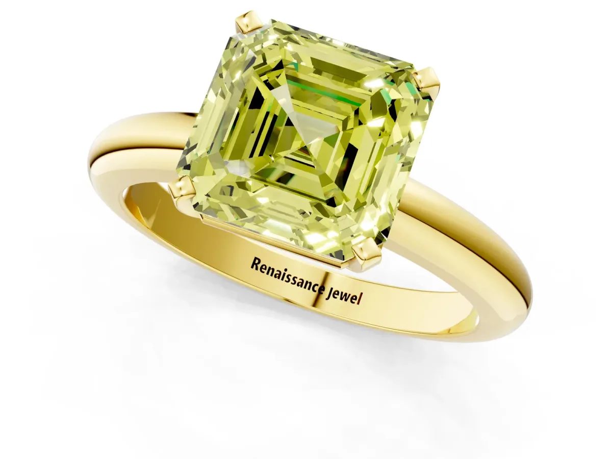 Fancy Yellow Asscher Cut Diamond Solitaire Engagement Ring with Round Band and Four-Prong Setting Yellow gold