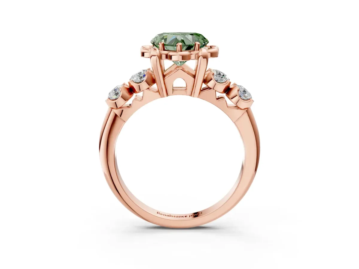Fancy Green Heart Cut Cut Diamond Floral Halo Engagement Ring with Shared Prong Setting Rose gold