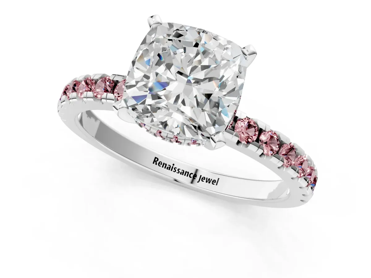Cushion Cut Diamond Solitaire Ring with Round Morganite Pavé Band and Four-Prong Setting White gold